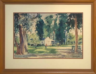 Ralph Baker (Park Iandscape) Signed Original Watercolor: Artist: Wayne La Com Title: Untitled (Park Landscape) Medium: Watercolor on Paper Art Dimensions: 15 H x 22 W x 2 D inches Framed Dimensions: 24 H x 30 W x 2 D inches AR