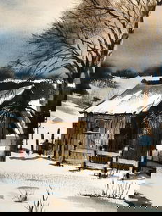 Ralph Baker (Impressionist - Cabin in the Snow) Signed Original Watercolor: Artist: Ralph Baker Title: Untitled (Cabin in the Snow) Medium: Watercolor on Paper Art Dimensions: 22 H x 30 W x 2 D inches Framed Dimensions: 28 H x 36 W x 2 D inches