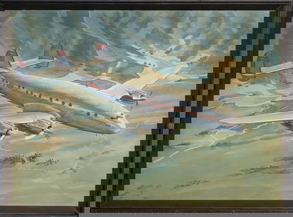 Wayne La Com (TWA Airplane - Lockheed Model 049) Signed Original Watercolor: Artist: Wayne La Com Title: Untilted (TWA Airplane - Lockheed Model 049) Medium: Watercolor on Paper Art Dimensions: 22 H x 30 W x 2 D inches Framed Dimensions: 24 H x 32 W x 2 D inch