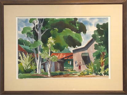Hubert Buel "Backyard Leucadia" Signed Original Watercolor: Artist: Hubert Buel Title: Backyard Leucadia Medium: Watercolor on Paper Art Dimensions: 15 H x 22 W x 2 D inches Framed Dimensions: 23 H x 31 W x 2 D inches ARTIST BIO: