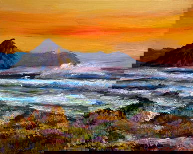 David Lloyd Glover "Sunset Central Coast" Signed Original Oil: Artist: David Lloyd Glover Title: Sunset Central Coast Medium: Oil on Canvas Art Dimensions: 16 H x 20 W x 1 D inches ARTIST BIO:  "Let there be Light and David Glover will