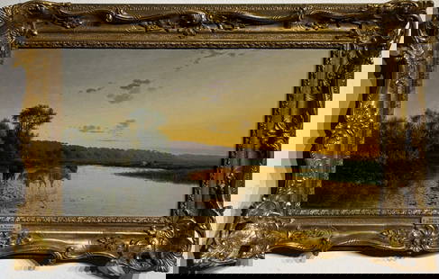 Edwin H. Boddington "Sunset Over A River" Signed Original Oil (1975): Artist: Edwin H. Boddington Title: Sunset Over A River (1975) Medium: Oil on Canvas Art Dimensions: 12 H x 22 W x 1 D inches Framed Dimensions: 18 H x 28 W x 3 D inches