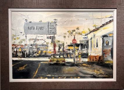 Jorn Fox Impressionist Signed Oil and Acrylic on Canvas: Artist: Jorn Fox Title: Auto Ferry at Balboa Medium: Original Oil and Acrylic on Canvas Art Dimensions: 24 H x 36 W x 2 D inches Framed Dimensions: 32 H x 44 W x 2 D inches