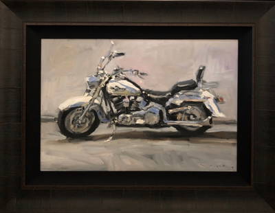 Jorn Fox Impressionist Signed Original Oil on Canvas: Artist: Jorn Fox Title: Harley Medium: Original Oil on Canvas Art Dimensions: 24 H x 36 W x 2 D inches Framed Dimensions: 37 H x 49 W x 2 D inches ARTIST BIO: