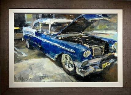 Jorn Fox Impressionist Signed Original Oil on Canvas: Artist: Jorn Fox Title: 56 Chevy - Hood Up Medium: Original Oil on Canvas Art Dimensions: 24 H x 36 W x 2 D inches Framed Dimensions: 33 H x 45 W x 2 D inches ARTIST BIO