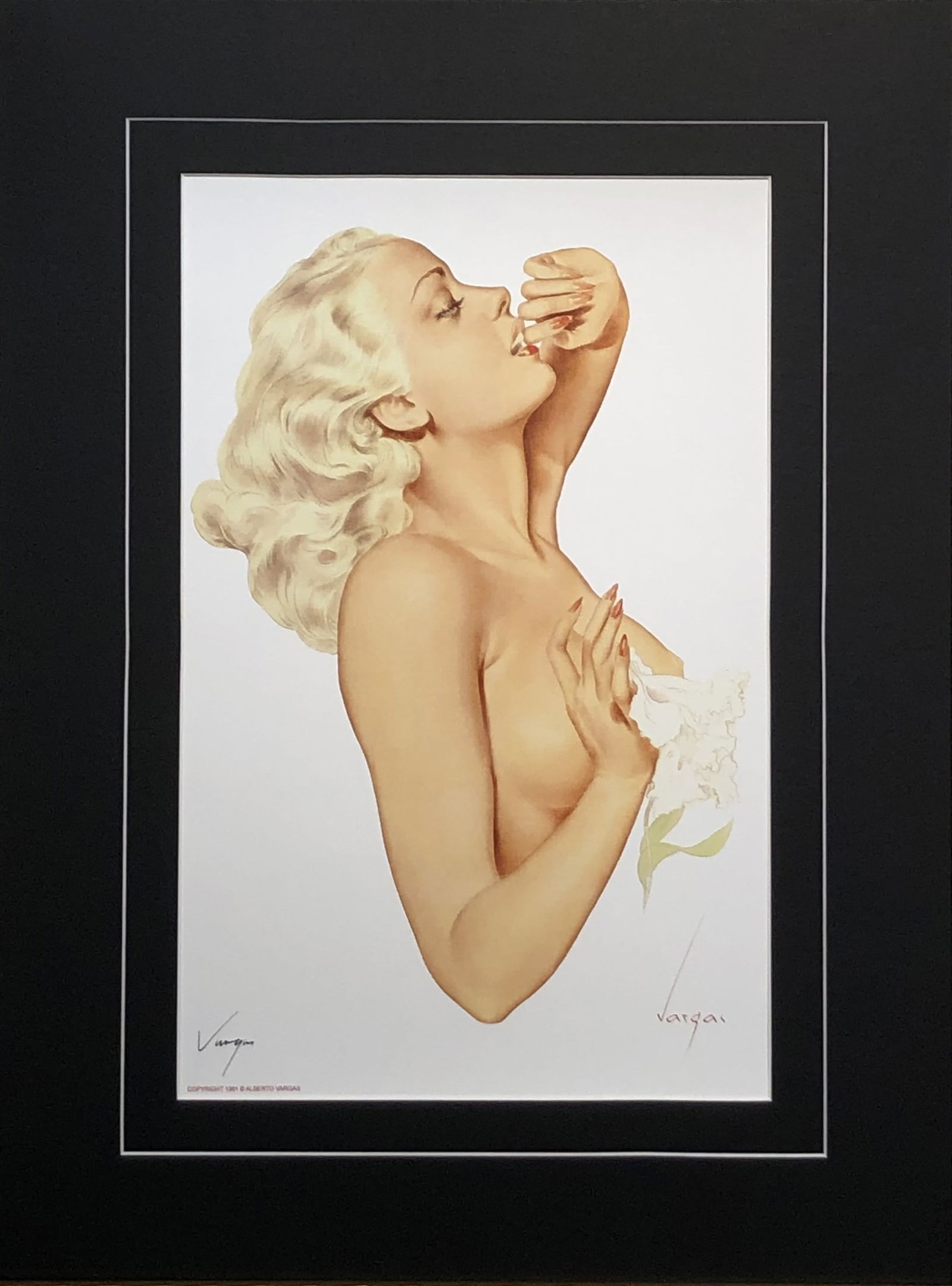 Alberto Vargas "Nude with Lily Flower" Hand-Signed Lithograph (1981): Artist: Alberto Vargas Title: Nude with Lily Flower Medium: Lithograph on Paper Art Dimensions: 17 H x 11 W x 1 D inches ARTIST BIO: Alberto Vargas was born in the city of