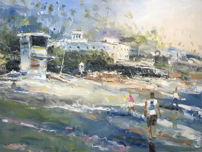 Jorn Fox (Impressionist - Main Beach/Laguna, CA) Signed Original Oil: Artist: Jorn Fox Title: Untitled (Landmark - Main Beach/Laguna, CA) Medium: Oil on Canvas Art Dimensions: 36 H x 48 W x 2 D inches Item Description: Main Beach/Laguna Hotel - Laguna B