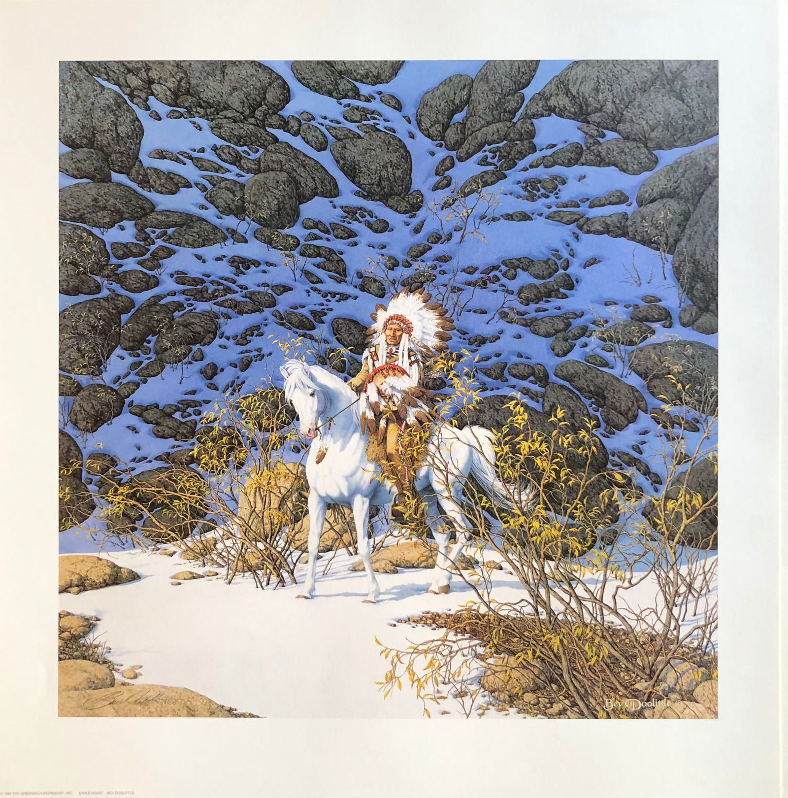 Bev Doolittle "Eagle Heart" Signed Lithograph LE: Artist: Bev Doolittle Title: Eagle Heart Medium: Lithograph on Paper Limited Edition: 5592/48000 Art Dimensions: 16 H x 16 W x 1 D inches ARTIST BIO: Bev Doo