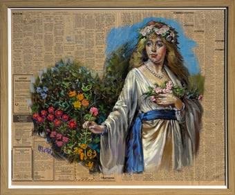 Filastro Mottola (European Woman & Floral) Signed Original Pastel on Newspaper