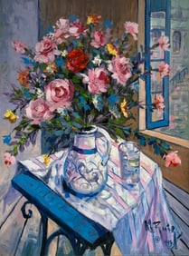 Alberto Ruiz-Vela (Floral) Still Life Bouquet Roses on Blue and Pink Signed Original Oil on Canvas