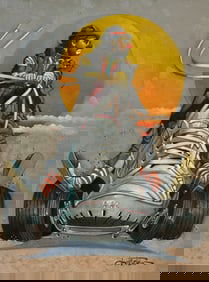 Chuck Oberstein (Untitled - Clown Rollerskating) Signed Original Oil