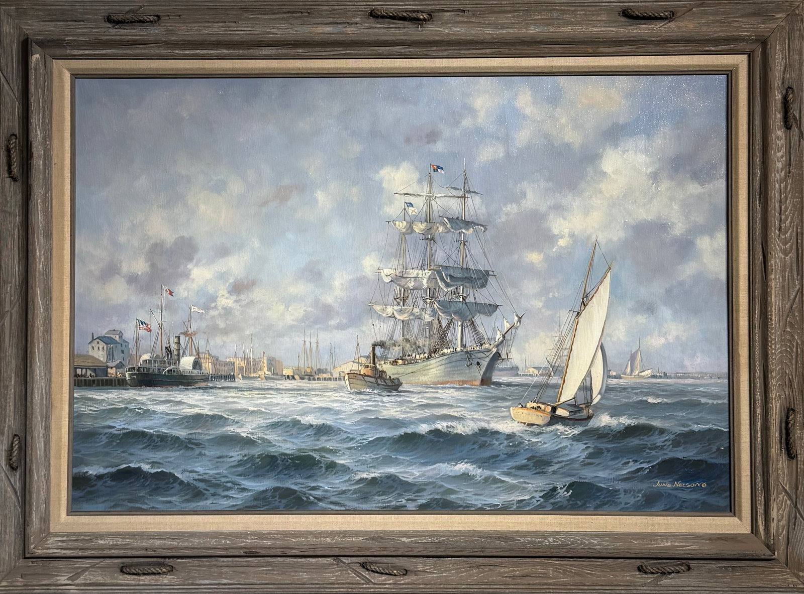 June Nelson (Nautical) Signed Original Oil: Artist: June Nelson Title: June Nelson (Nautical) Signed Original Oil Medium: Oil on Canvas Limited Edition: Art Dimensions: 24 H x 36 W x 1 D inch