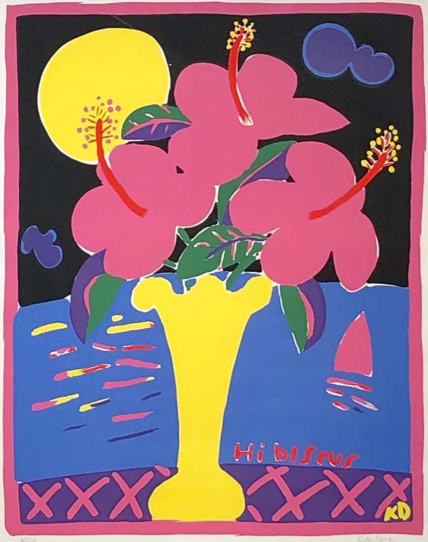 Ken Done "Hibiscus" Signed Lithograph LE - Impressionist: "Born 29 June, 1940, in Sydney, Ken left school at 14 to enter the National Art School in East Sydney. After 5 years study, he commenced a highly successful career as an art director and designer in N