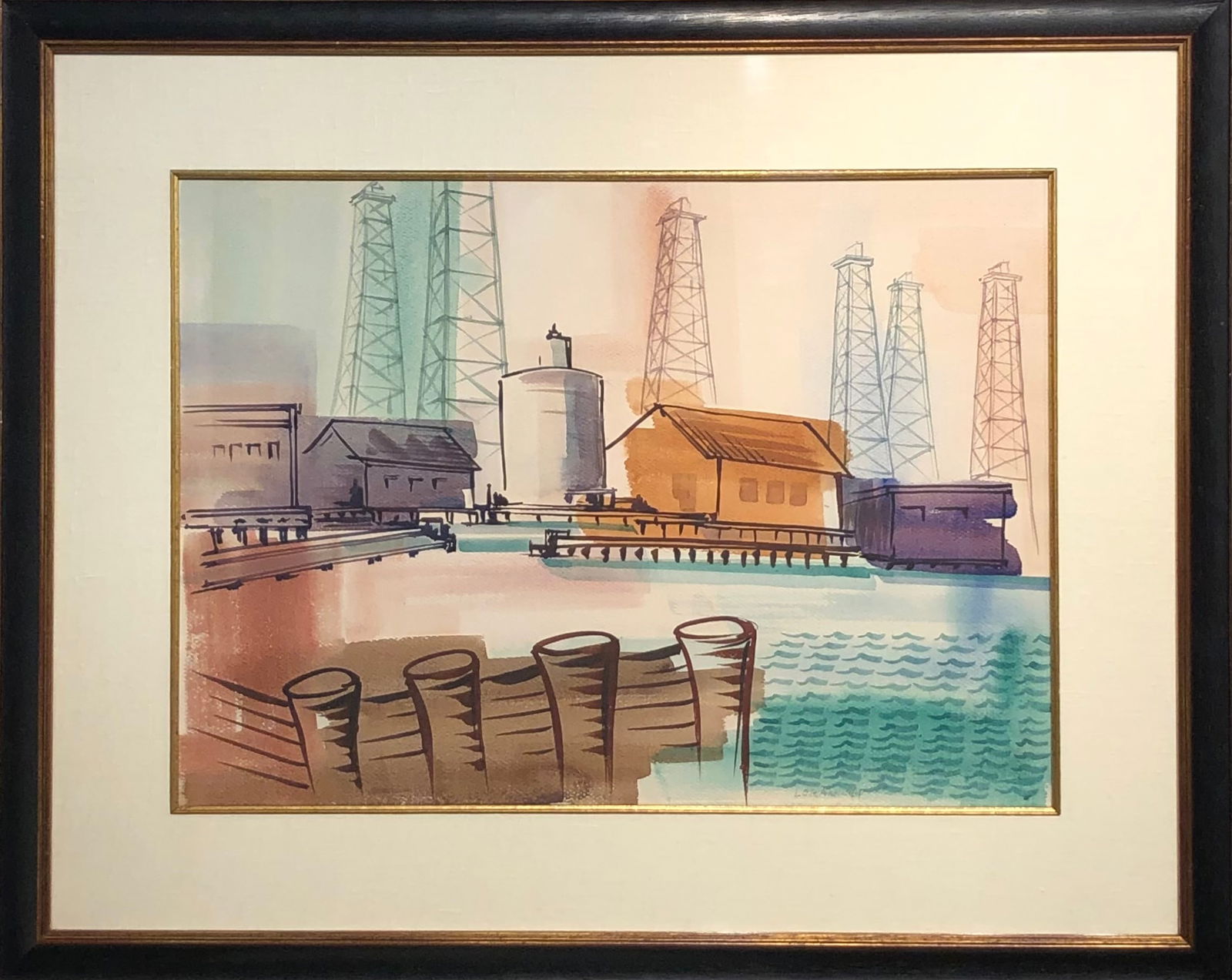 Erle Loran (Impressionist - Oil Rigs on the Bay) Signed Original Watercolor (1 of 7)
