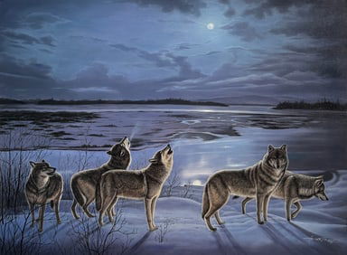 Henry Roland ("No Fear" Wolves Howling at Moon) Signed Original Oil
