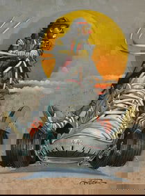 Chuck Oberstein (Untitled - Clown Rollerskating) Signed Original Oil