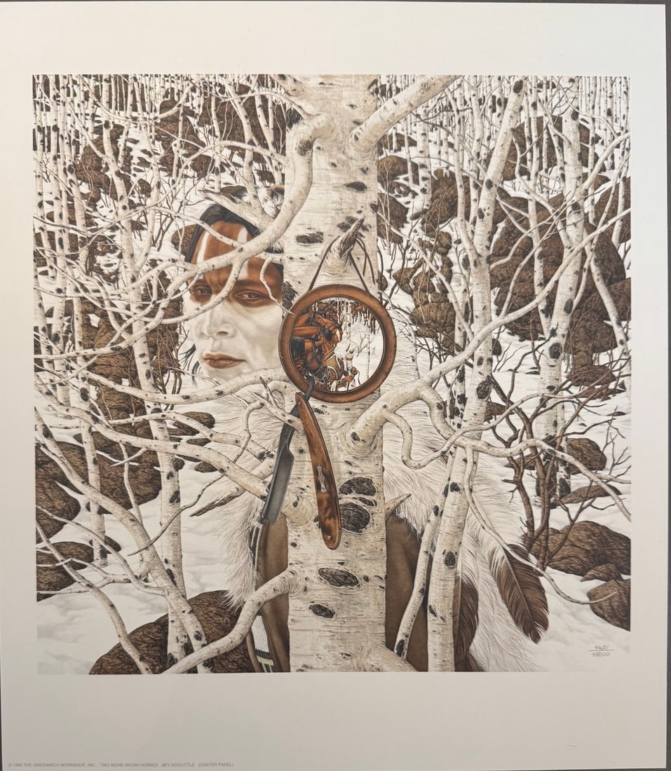 Bev Doolittle (Two More Indian Horses) Limited Edition Signed Complete Triptych Print: Artist: Bev Doolittle Title: Bev Doolittle (Two More Indian Horses) Limited Edition Signed Complete Triptych Print Medium: Limited Edition Print Limited Edition: 4421 Art Dimensions: 15.5 x 14.25 inch