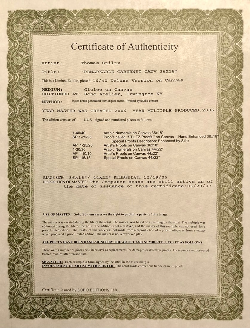 Thomas Stiltz "Remarkable Cabernet" Signed Giclee LE - 8