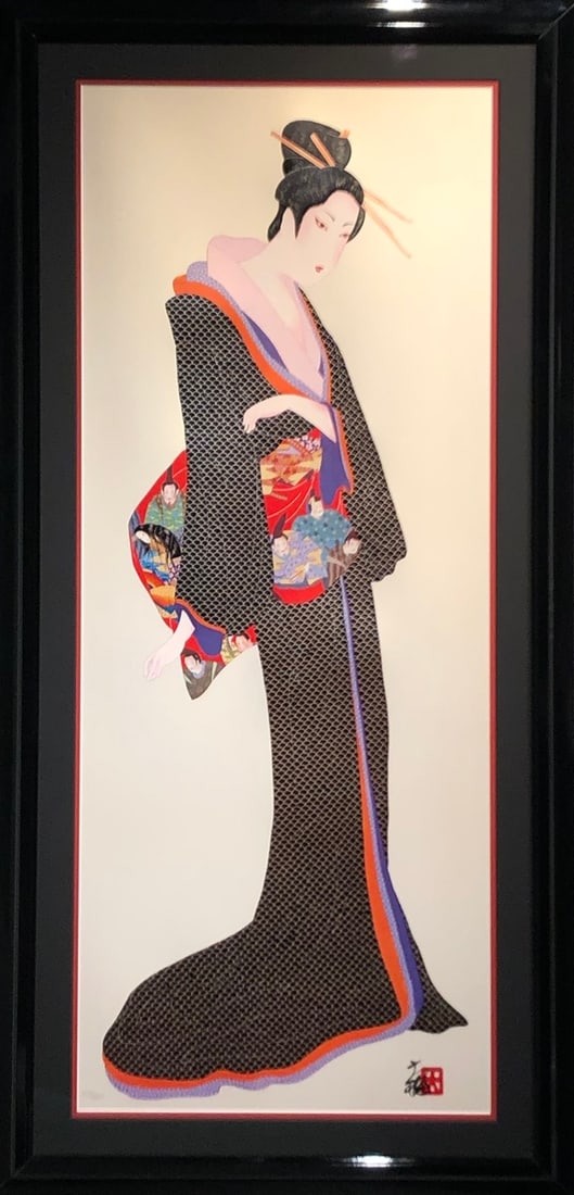 Hisashi Otsuka "Lady (Black) of the 36 Poets" Signed Mixed Media Serigraph LE: Artist: Hisashi Otsuka Title: Hisashi Otsuka "Lady (Black) of the 36 Poets" Signed Mixed Media Serigraph LE Medium: Mixed Media Serigraph on Silk Limited Edition: 213/300 Art Dimensions: 45.0 x 22.0 x