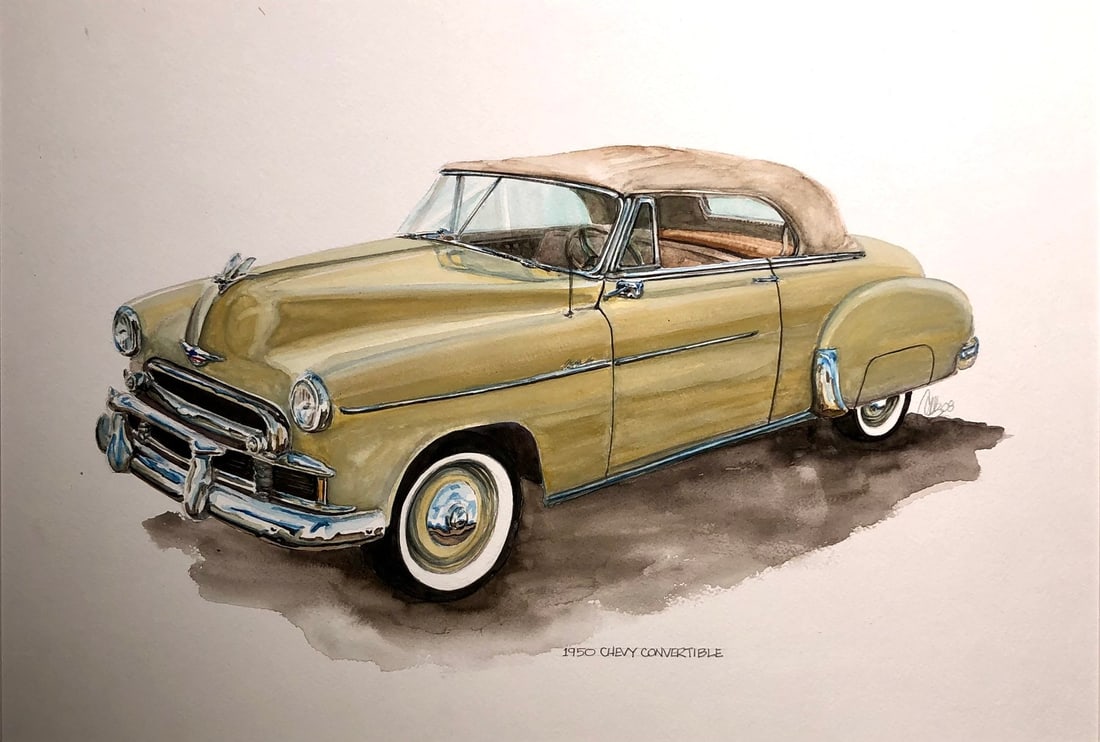 Carlos "1950 Chevy Convertible" Signed Original: Artist: Carlos Title: Carlos "1950 Chevy Convertible" Signed Original Medium: Watercolor on Paper Limited Edition: Art Dimensions: 19.0 x 26.0 x 2.0 inch ARTIST BIO: Source: www.qart.com 