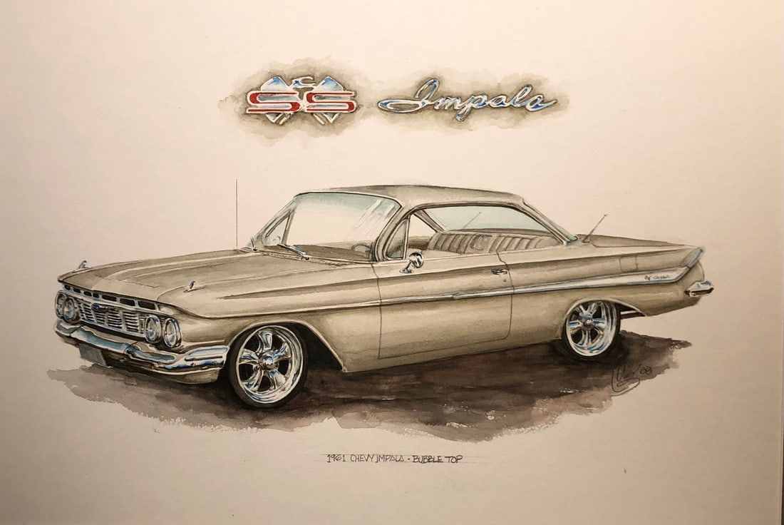 Carlos "1961 Chevy Impala-Bubbletop" Signed Original: Artist: Carlos Title: Carlos "1961 Chevy Impala-Bubbletop" Signed Original Medium: Watercolor on Paper Limited Edition: Art Dimensions: 19.0 x 26.0 x 2.0 inch ARTIST BIO: Source: www.qart.com 