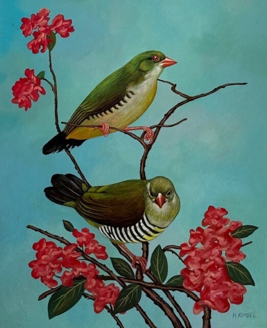 H. Kimbel (Signed) Untitled Green Avadavat Study, Original Painting on Board, 16 x 20 in (1 of 5)