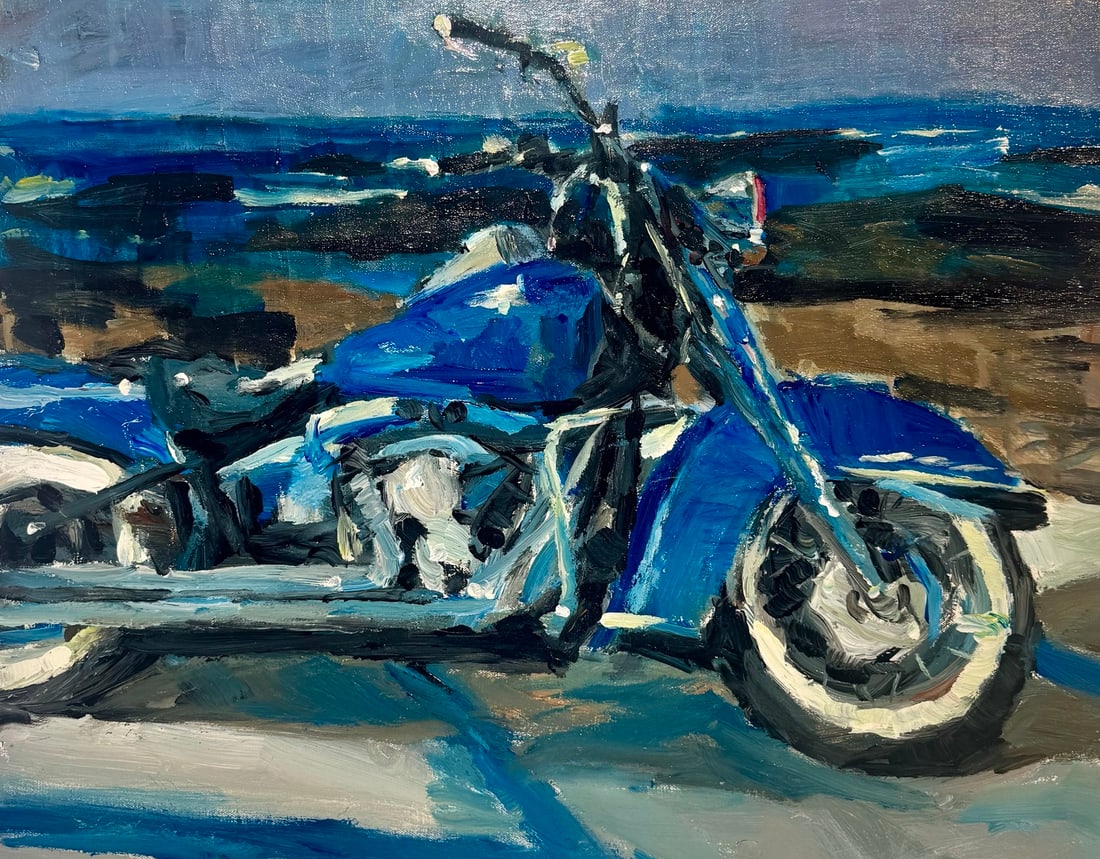 Jorn Fox "Blue Harley" Impressionist Signed Oil and Acrylic on Canvas: Artist: Jorn Fox Title: Jorn Fox "Blue Harley" Impressionist Signed Oil and Acrylic on Canvas Medium: Acrylic on Canvas Limited Edition: Art Dimensions: 24 x 30 inch ARTIST BIO: Artist