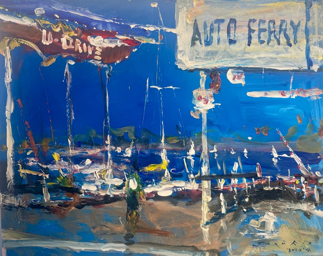 Jorn Fox "Balboa Auto Ferry" Impressionist Signed Oil and Acrylic on Masonite: Artist: Jorn Fox Title: Jorn Fox "Balboa Auto Ferry" Impressionist Signed Oil and Acrylic on Masonite Medium: Acrylic on Masonite Limited Edition: Art Dimensions: 24 x 30 inch ARTIST BIO:<
