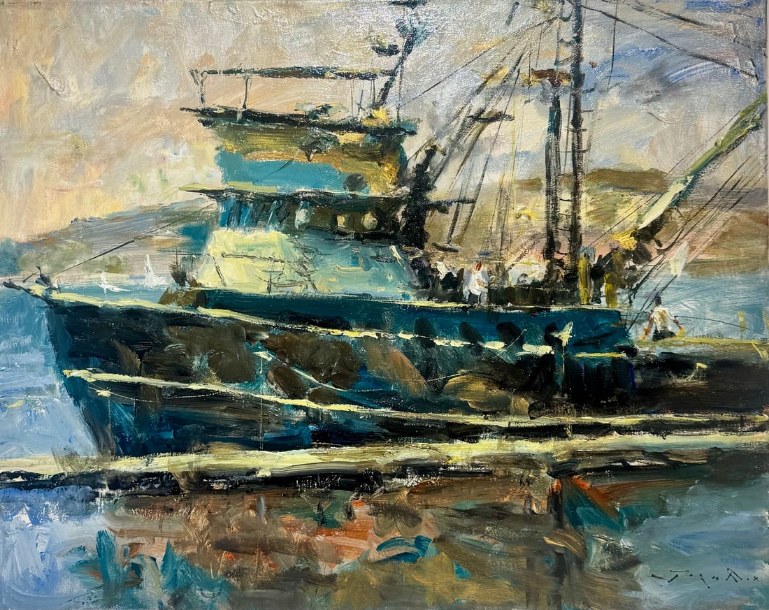Jorn Fox "Huge Fishing Boat" Impressionist Signed Oil and Acrylic on Canvas (1 of 3)