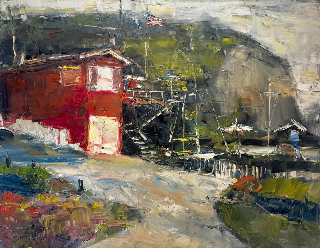 Jorn Fox "Red Boat House" Impressionist Signed Oil and Acrylic on Canvas: Artist: Jorn Fox Title: Jorn Fox "Red Boat House" Impressionist Signed Oil and Acrylic on Canvas Medium: Acrylic on Canvas Limited Edition: Art Dimensions: 24 x 30 inch ARTIST BIO: Art