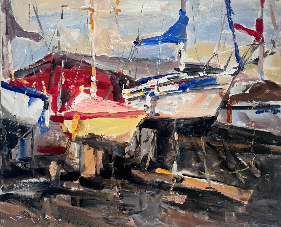 Jorn Fox "Balboa Boat Yard" Impressionist Signed Oil and Acrylic on Canvas: Artist: Jorn Fox Title: Jorn Fox "Balboa Boat Yard" Impressionist Signed Oil and Acrylic on Canvas Medium: Acrylic on Canvas Limited Edition: Art Dimensions: 24 x 30 inch ARTIST BIO: A
