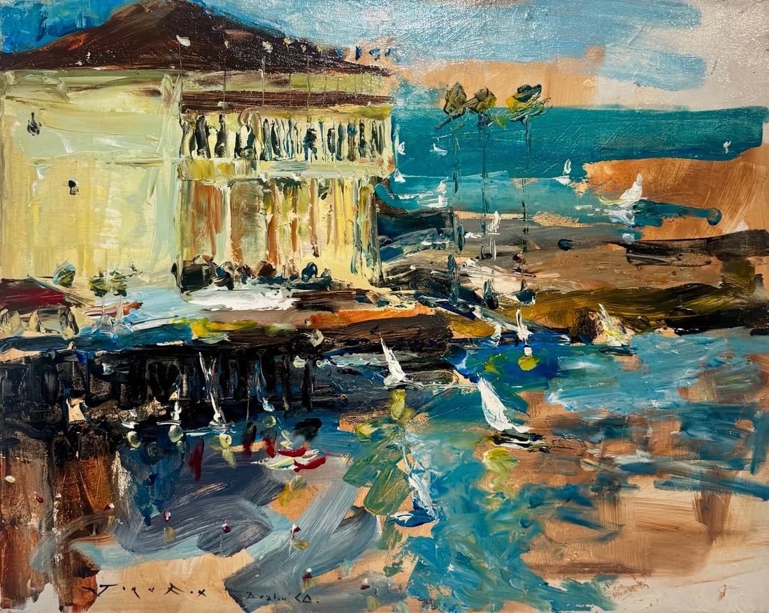 Jorn Fox "Avalon, CA" Impressionist Signed Oil and Acrylic on Box Canvas: Artist: Jorn Fox Title: Jorn Fox "Avalon, CA" Impressionist Signed Oil and Acrylic on Box Canvas Medium: Acrylic on Box Canvas Limited Edition: Art Dimensions: 24 x 30 inch ARTIST BIO:
