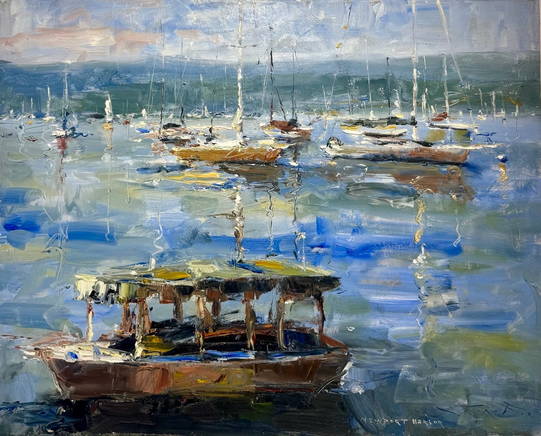 Jorn Fox "Newport Harbor" Impressionist Signed Oil and Acrylic on Canvas (1 of 3)