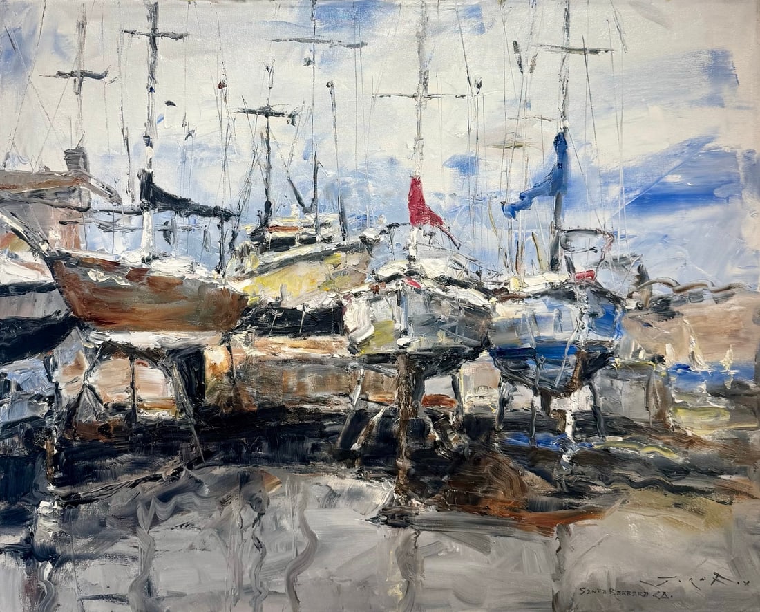 Jorn Fox "Santa Barbara Drydock" Impressionist Signed Oil and Acrylic on Canvas: Artist: Jorn Fox Title: Jorn Fox "Santa Barbara Drydock" Impressionist Signed Oil and Acrylic on Canvas Medium: Acrylic on Canvas Limited Edition: Art Dimensions: 24 x 30 inch ARTIST BIO:<