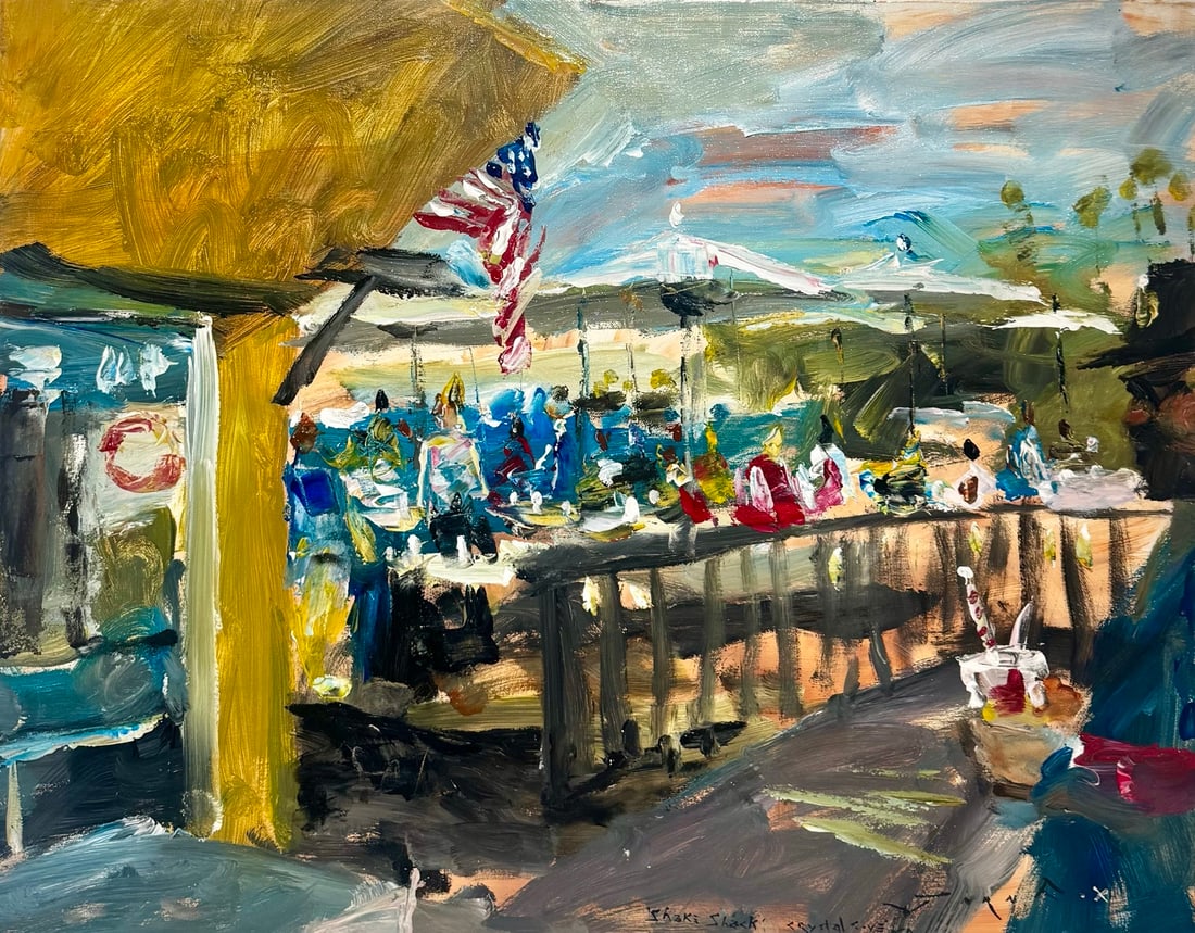 Jorn Fox "Shake Shack" Impressionist Signed Oil and Acrylic on Canvas: Artist: Jorn Fox Title: Jorn Fox "Shake Shack" Impressionist Signed Oil and Acrylic on Canvas Medium: Acrylic on Canvas Limited Edition: Art Dimensions: 24 x 30 inch ARTIST BIO: Artist
