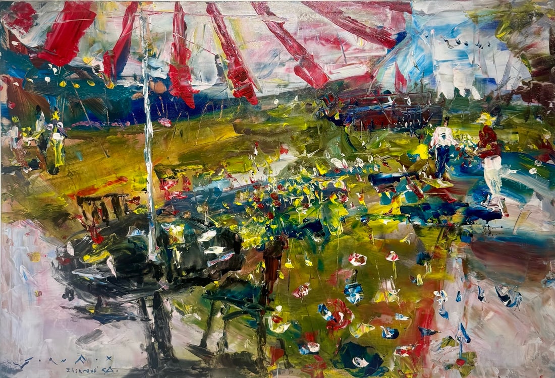 Jorn Fox "Shermans Gardens Red and White Umbrella" Impressionist Signed Oil and Acrylic on Canvas: Artist: Jorn Fox Title: Jorn Fox "Shermans Gardens Red and White Umbrella" Impressionist Signed Oil and Acrylic on Canvas Medium: Acrylic on Canvas Limited Edition: Art Dimensions: 24.0 x 36.0 inch 