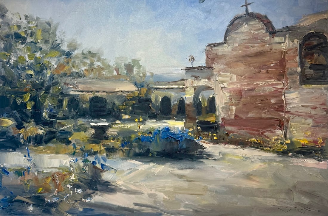 Jorn Fox "San Juan Capistrano Mission" Impressionist Signed Oil and Acrylic on Canvas (1 of 3)