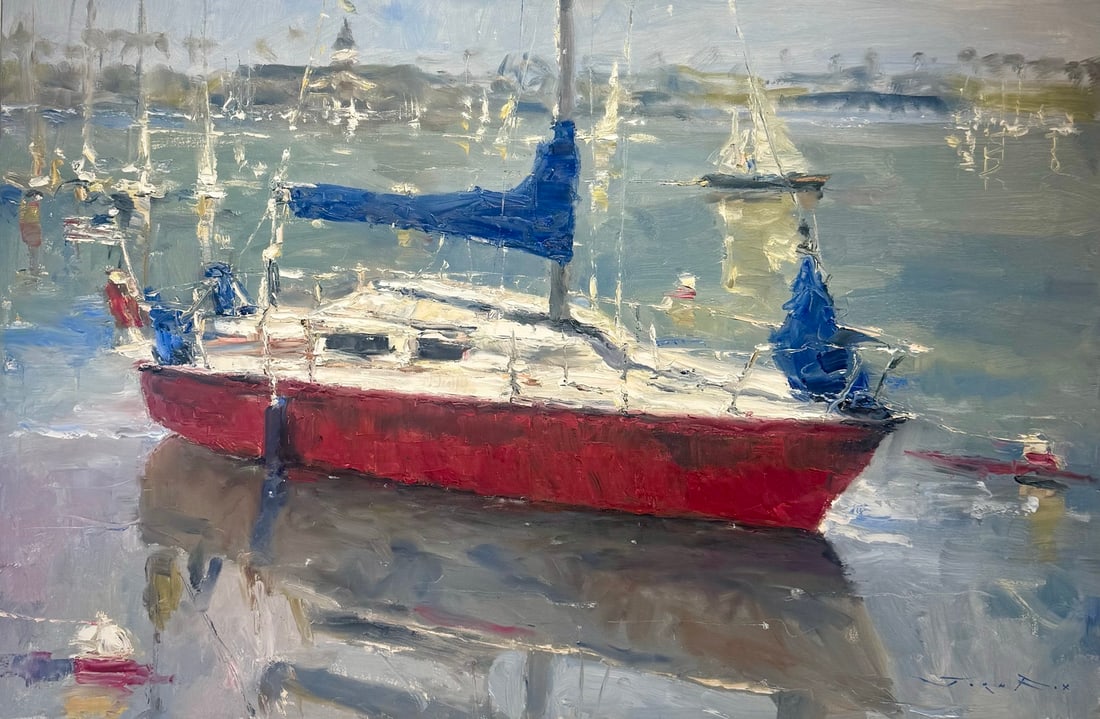 Jorn Fox "Red Sailboat" Impressionist Signed Oil and Acrylic on Canvas (1 of 3)