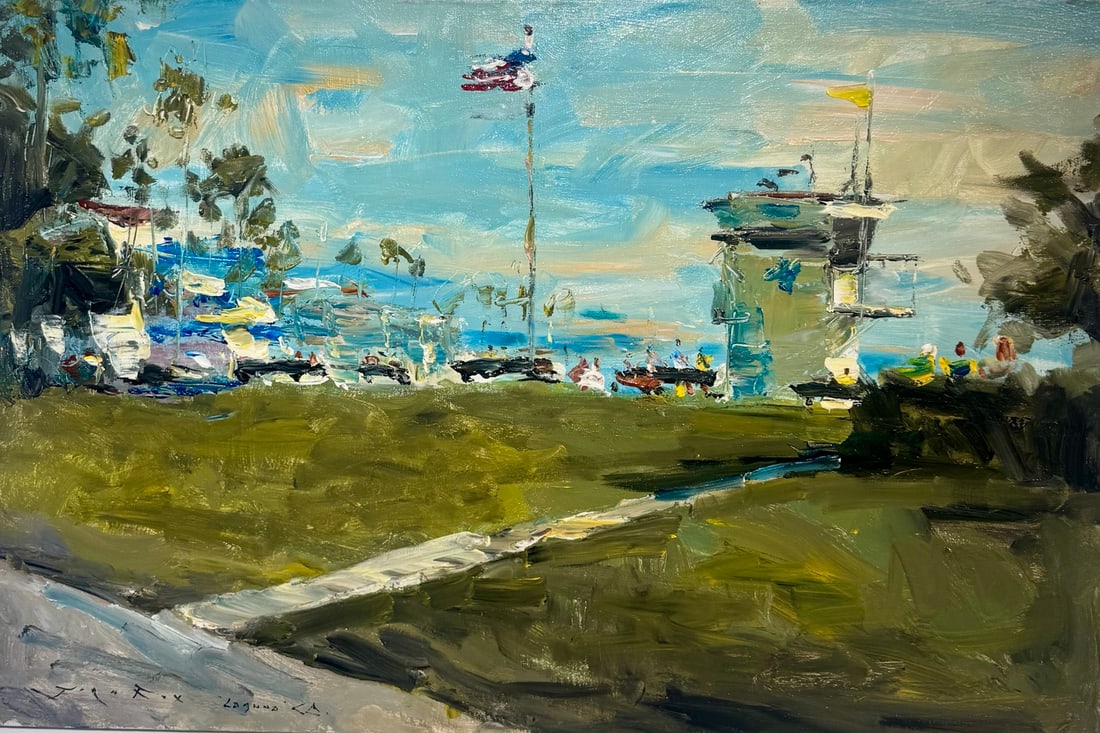 Jorn Fox "Laguna Beach Lifeguard Tower" Impressionist Signed Oil and Acrylic on Canvas: Artist: Jorn Fox Title: Jorn Fox "Laguna Beach Lifeguard Tower" Impressionist Signed Oil and Acrylic on Canvas Medium: Acrylic on Canvas Limited Edition: Art Dimensions: 24.0 x 36.0 inch ARTIST