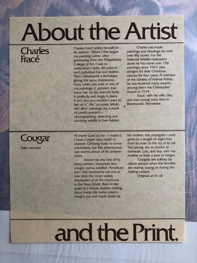 Charles Frace "Cougar" Signed Lithograph LE - 7