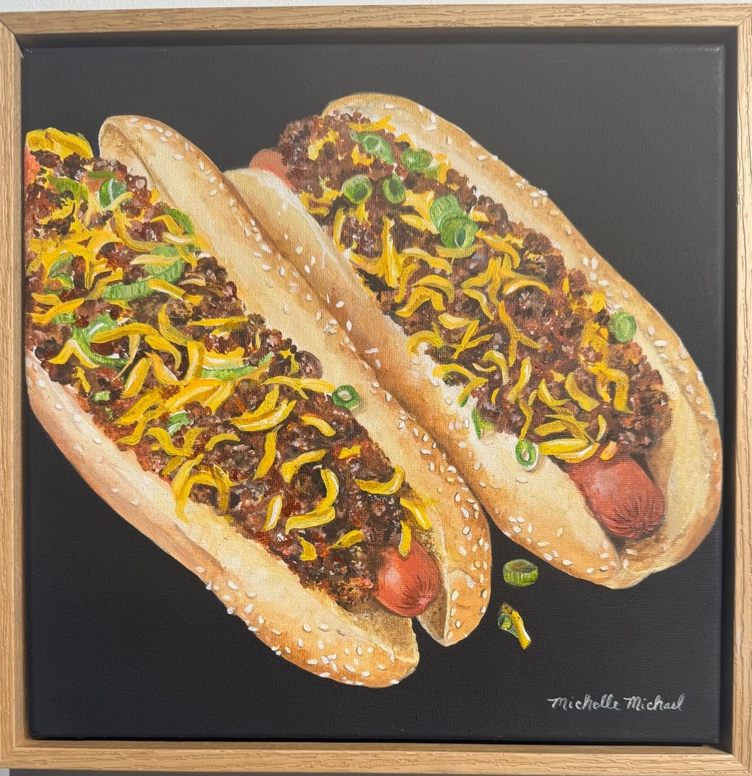 Michelle Michael "Chili Dogs" Signed Original Acrylic on Canvas: Artist: Michelle Michael Title: Michelle Michael "Chili Dogs" Signed Original Acrylic on Canvas Medium: Acrylic on Canvas Limited Edition: Art Dimensions: 13.5 x 13.5 x 2.0 inch ARTIST BIO: 