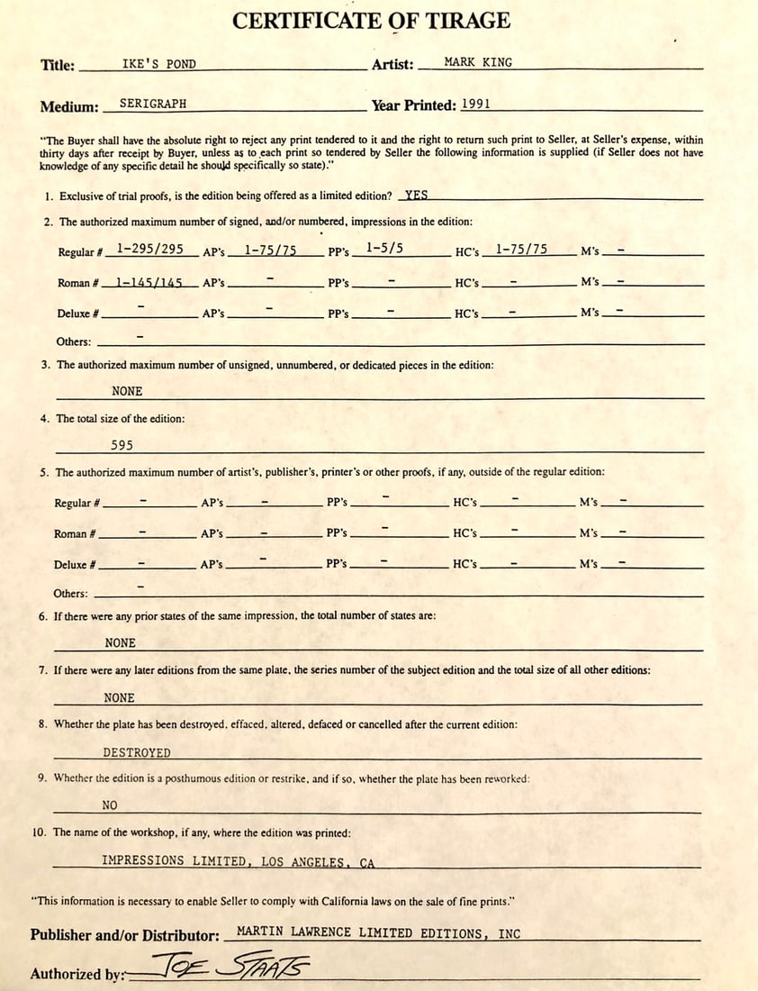 Mark King "Ike's Pond" Signed Serigraph LE - 9