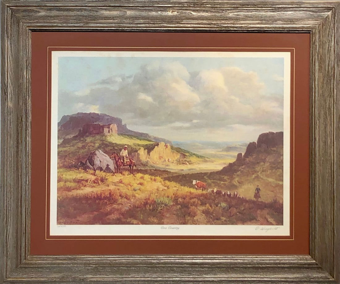 Olaf Wieghorst "Cow Country" Signed Lithograph LE: Artist: Olaf Wieghorst Title: Olaf Wieghorst "Cow Country" Signed Lithograph LE Medium: Lithograph on Paper Limited Edition: 74/550 Art Dimensions: 26.0 x 31.0 x 2.0 inch ARTIST BIO: Ol