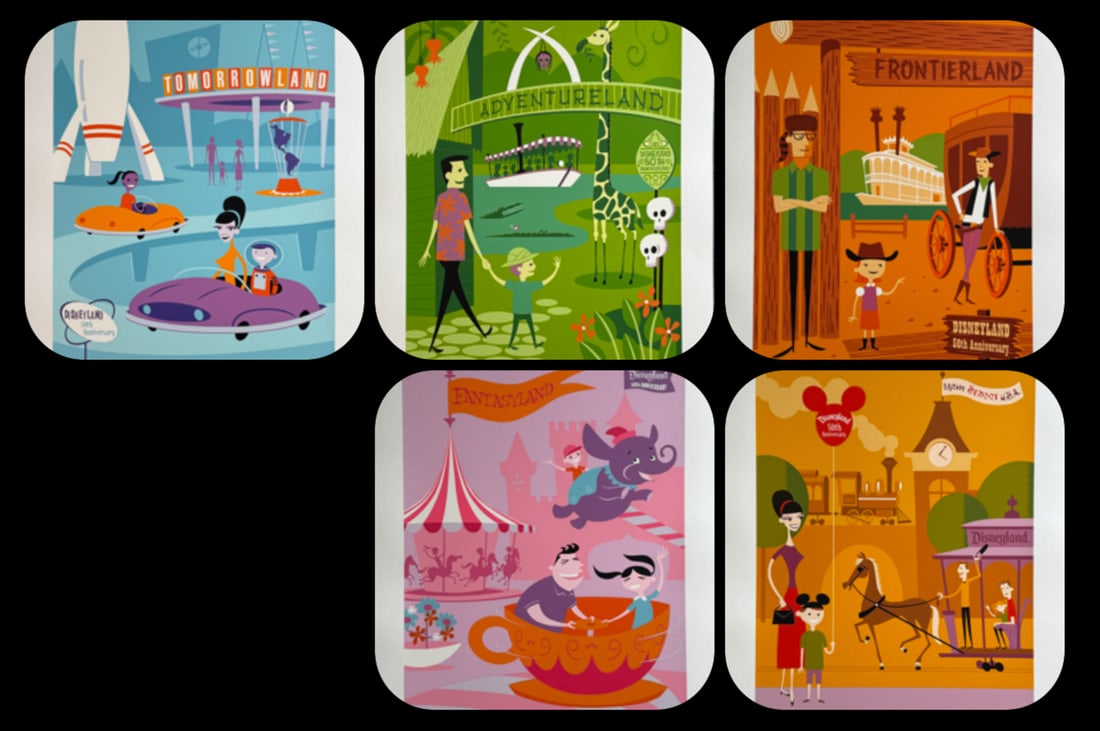Shag (Josh Agle) - "Disneyland 50th Anniversary" Signed Limited Edition Serigraph Set (5) - 21x28: Artist: Josh "SHAG" Agle Title: Shag (Josh Agle) - "Disneyland 50th Anniversary" Signed Limited Edition Serigraph Set (5) - 21x28 Medium: Serigraph on Paper Limited Edition: 39/300 Art Dimensions: 27