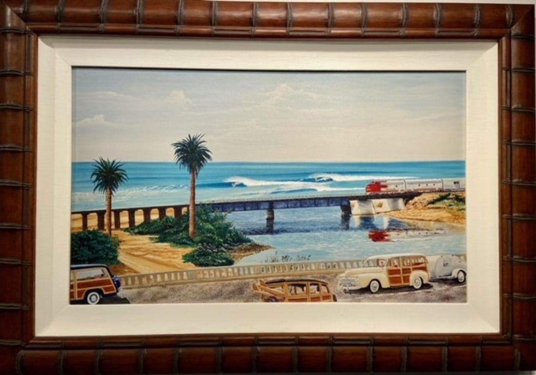 Glenn B. Martin "Trestles" Signed Lithograph: Artist: Glenn B. Martin Title: Glenn B. Martin "Trestles" Signed Lithograph Medium: Embellished Lithograph Art Dimensions: 27 x 39 x 2 inch ARTIST BIO: Glenn B. Martin has been a Master of his art