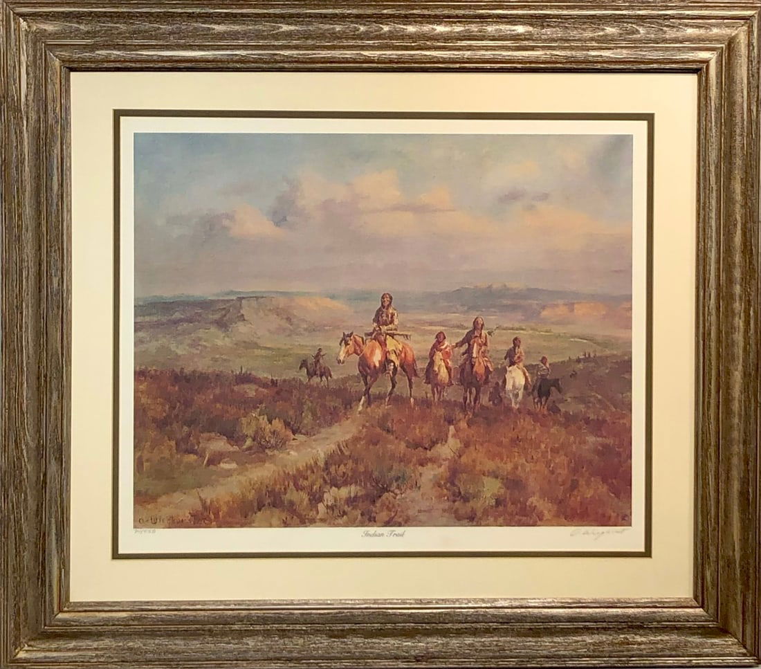 Olaf Wieghorst "Indian Trail" Signed Lithograph LE: Artist: Olaf Wieghorst Title: Olaf Wieghorst "Indian Trail" Signed Lithograph LE Medium: Lithograph on Paper Limited Edition: 74/550 Art Dimensions: 26 x 30 x 2 inch ARTIST BIO: Olaf Wieghorst