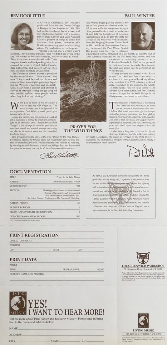 Bev Doolittle "Prayer For The Wild Things" Signed Lithograph LE - 6