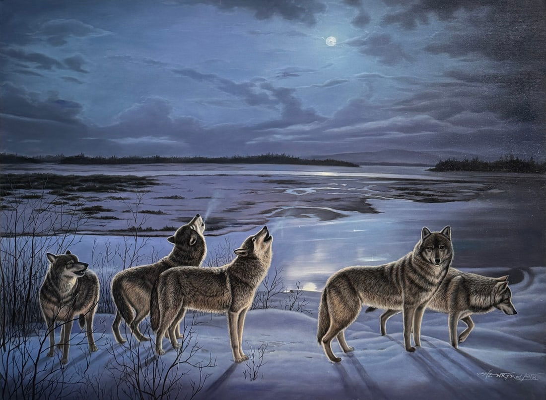 Henry Roland ("No Fear" Wolves Howling at Moon) Signed Original Oil: Artist: Henry Roland Title: Henry Roland ("No Fear" Wolves Howling at Moon) Signed Original Oil Medium: Oil on Canvas Art Dimensions: 36 x 48 x 1 inch Source: www.qart.com Condition Report: Good
