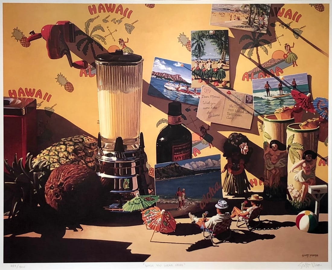 Scott Martin Moore "Wish You Were Here" Signed Lithograph LE: Artist: Scott Martin Moore Title: Scott Martin Moore "Wish You Were Here" Signed Lithograph LE Medium: Lithograph on Paper Limited Edition: 283/500 Art Dimensions: 35 x 41 x 2 inch ARTIST BIO: Scott