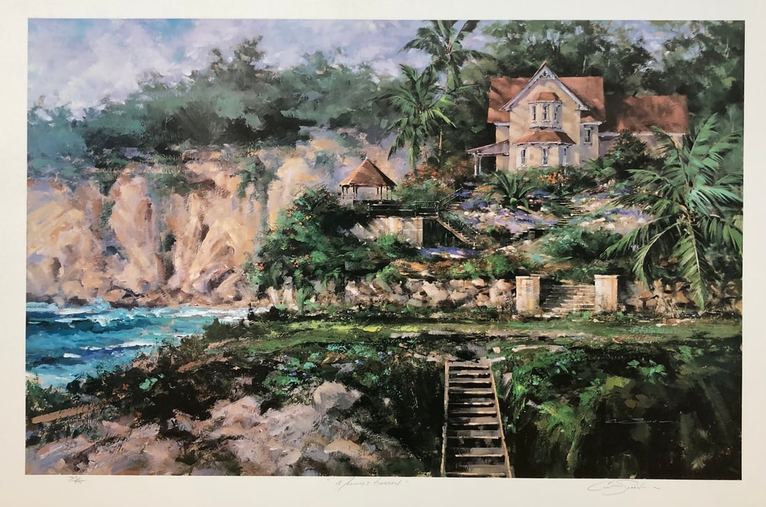 Clint Sloan "Melinda's Garden" Signed Lithograph LE: Artist: Clint Sloan Title: Clint Sloan "Melinda's Garden" Signed Lithograph LE Medium: Lithograph on Paper Limited Edition: 303/475 Art Dimensions: 28 x 42 x 1 inch ARTIST BIO: Born in Salt Lak